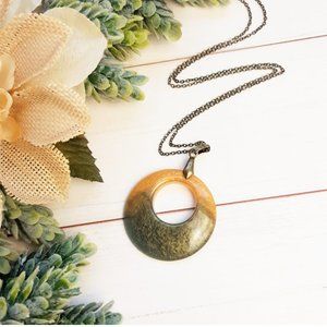 Handmade Pendant Necklace Autumn Gold and Olive Green Large Circle Resin Pendant